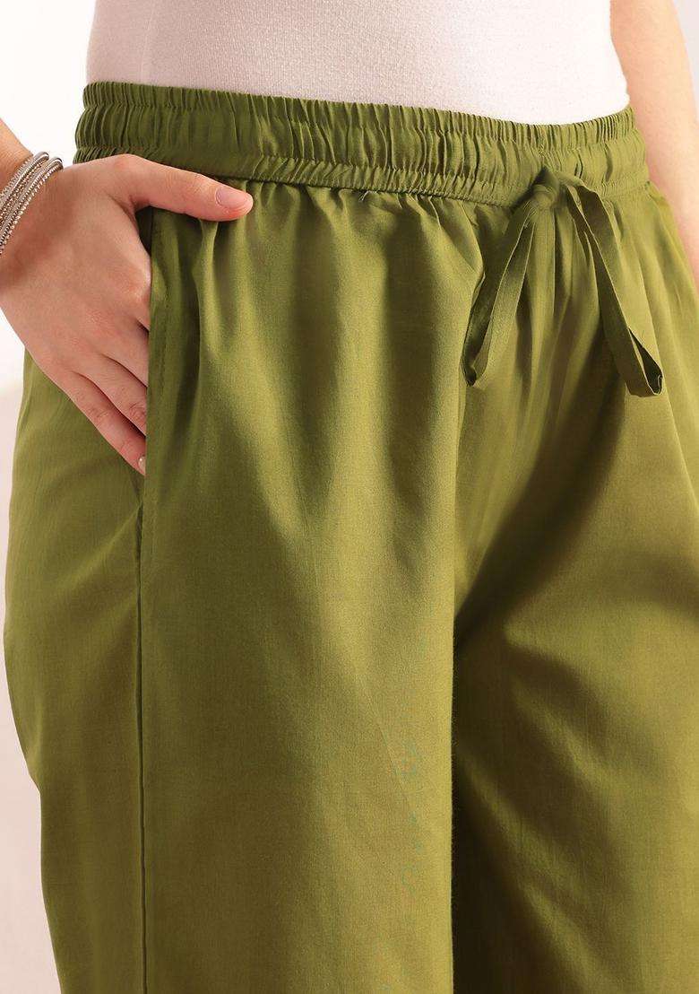 Olive Printed Cotton Kurta Set - Indya