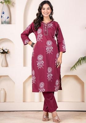 Maroon Printed Cotton Kurta Set