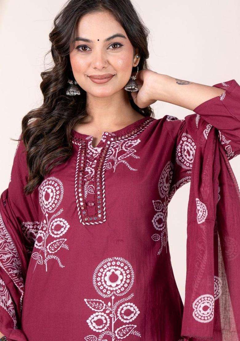 Maroon Printed Cotton Kurta Set - Indya