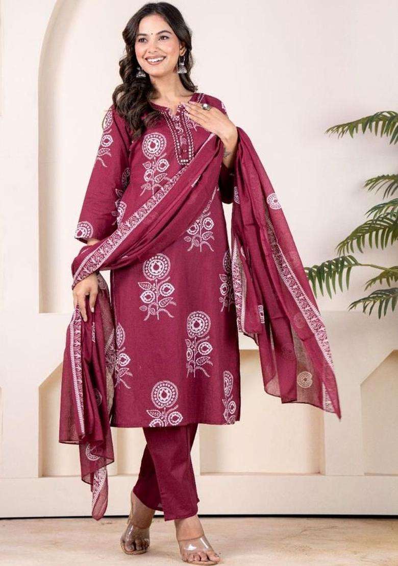 Maroon Printed Cotton Kurta Set - Indya