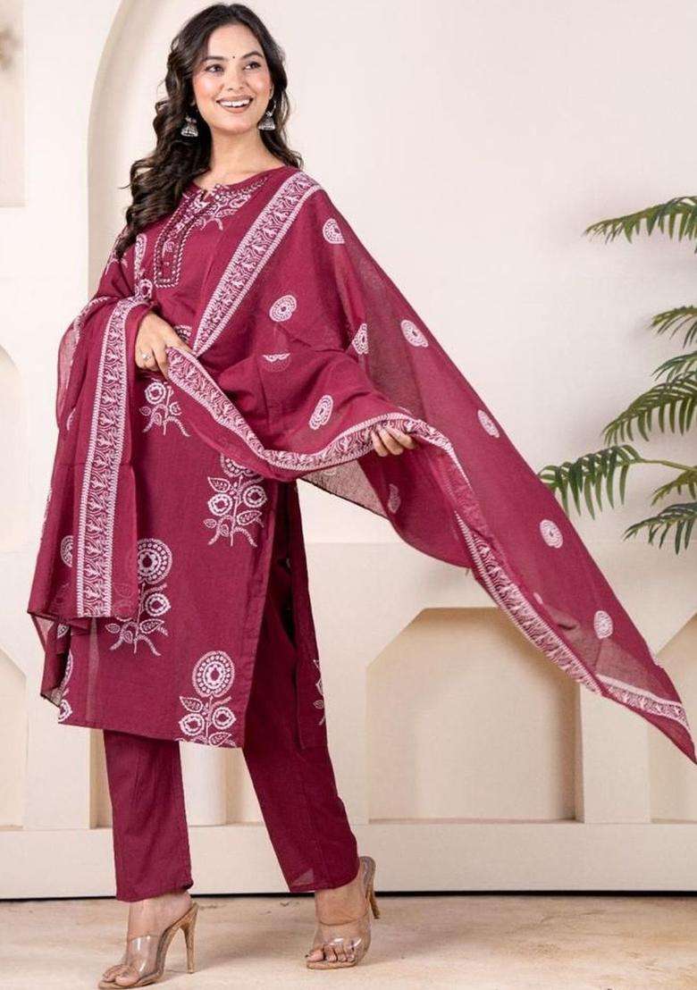 Maroon Printed Cotton Kurta Set - Indya