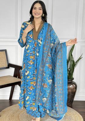 Blue Printed Viscose Anarkali Set