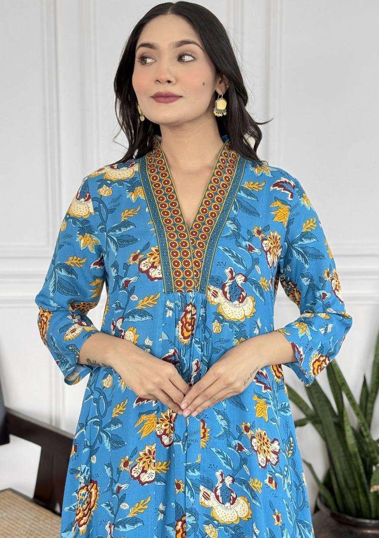 Blue Printed Viscose Anarkali Set - Indya