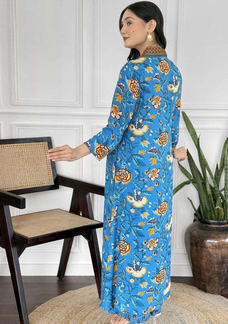 Blue Printed Viscose Anarkali Set - Indya