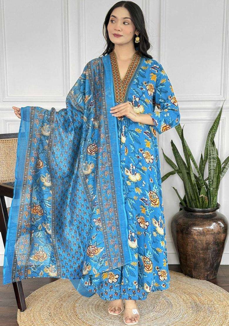 Blue Printed Viscose Anarkali Set - Indya