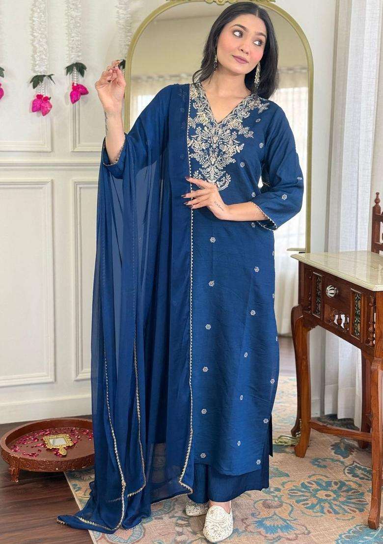 Navy Blue Embroidered Viscose Kurta Set - Indya