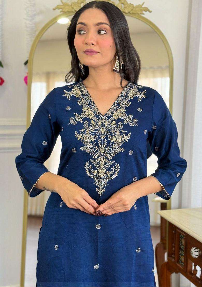 Navy Blue Embroidered Viscose Kurta Set - Indya