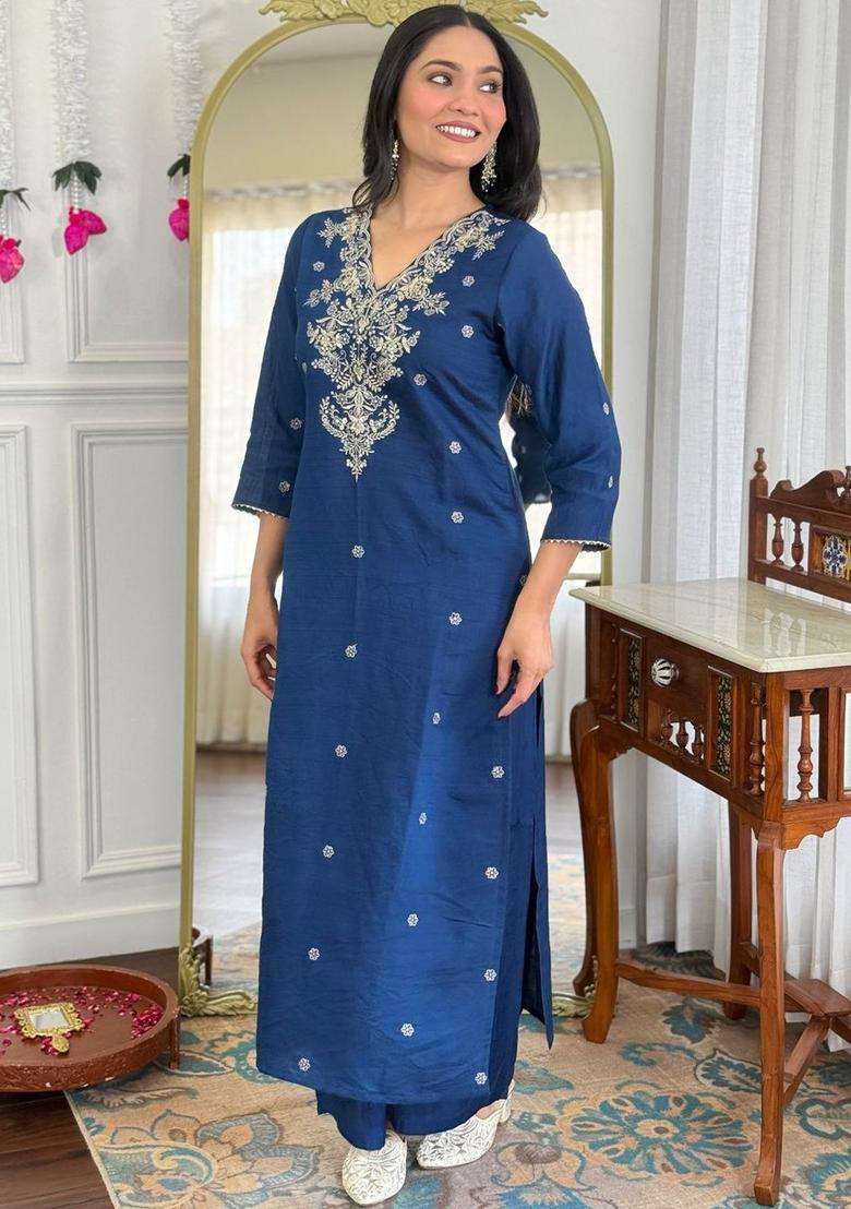 Navy Blue Embroidered Viscose Kurta Set - Indya