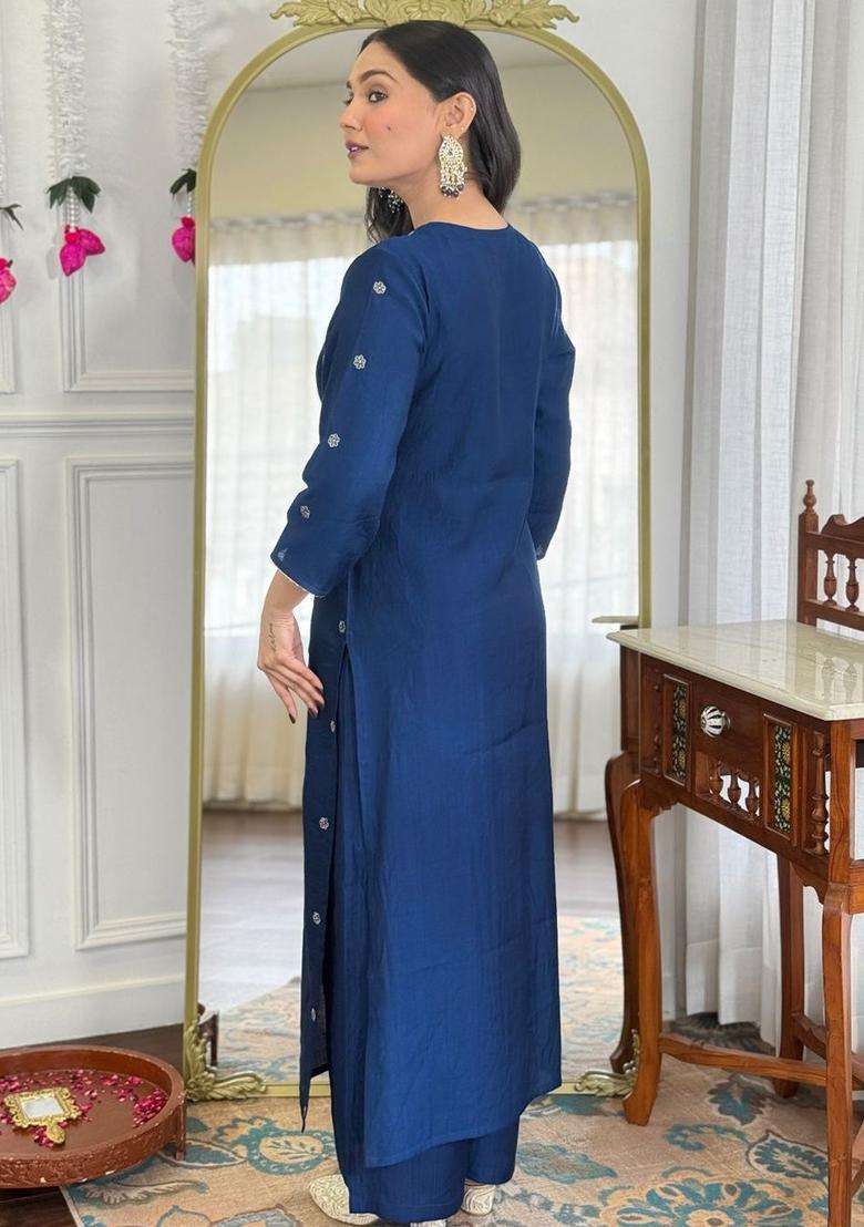 Navy Blue Embroidered Viscose Kurta Set - Indya
