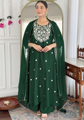 Green Embroidered Viscose Kurta Set