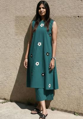 Teal Printed Viscose Kurta Set