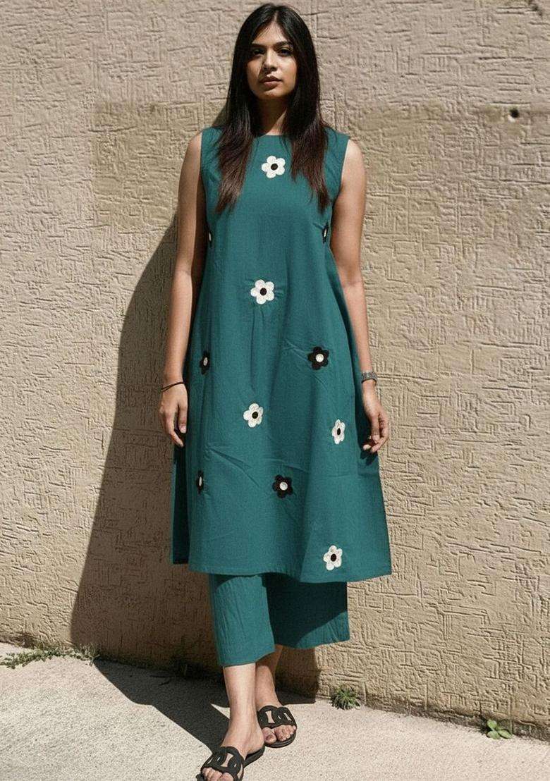 Teal Printed Viscose Kurta Set - Indya