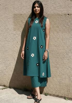 Teal Printed Viscose Kurta Set