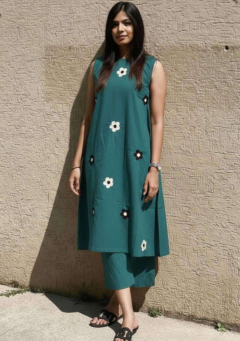 Teal Printed Viscose Kurta Set - Indya