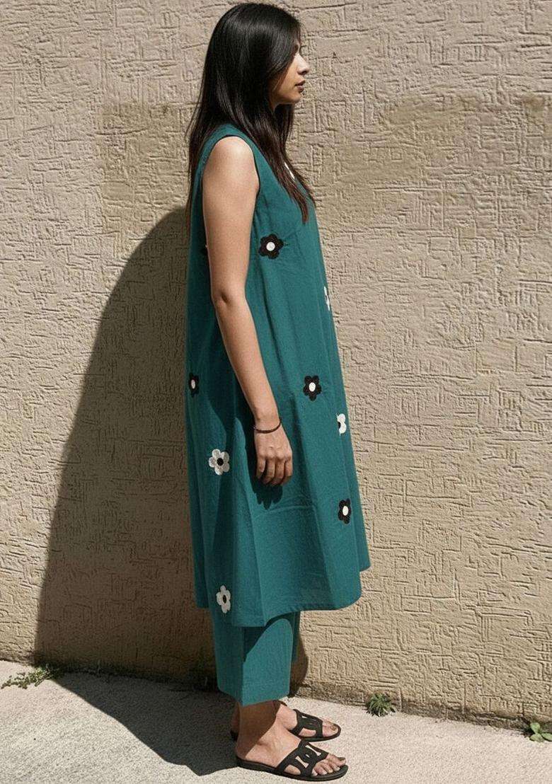 Teal Printed Viscose Kurta Set - Indya
