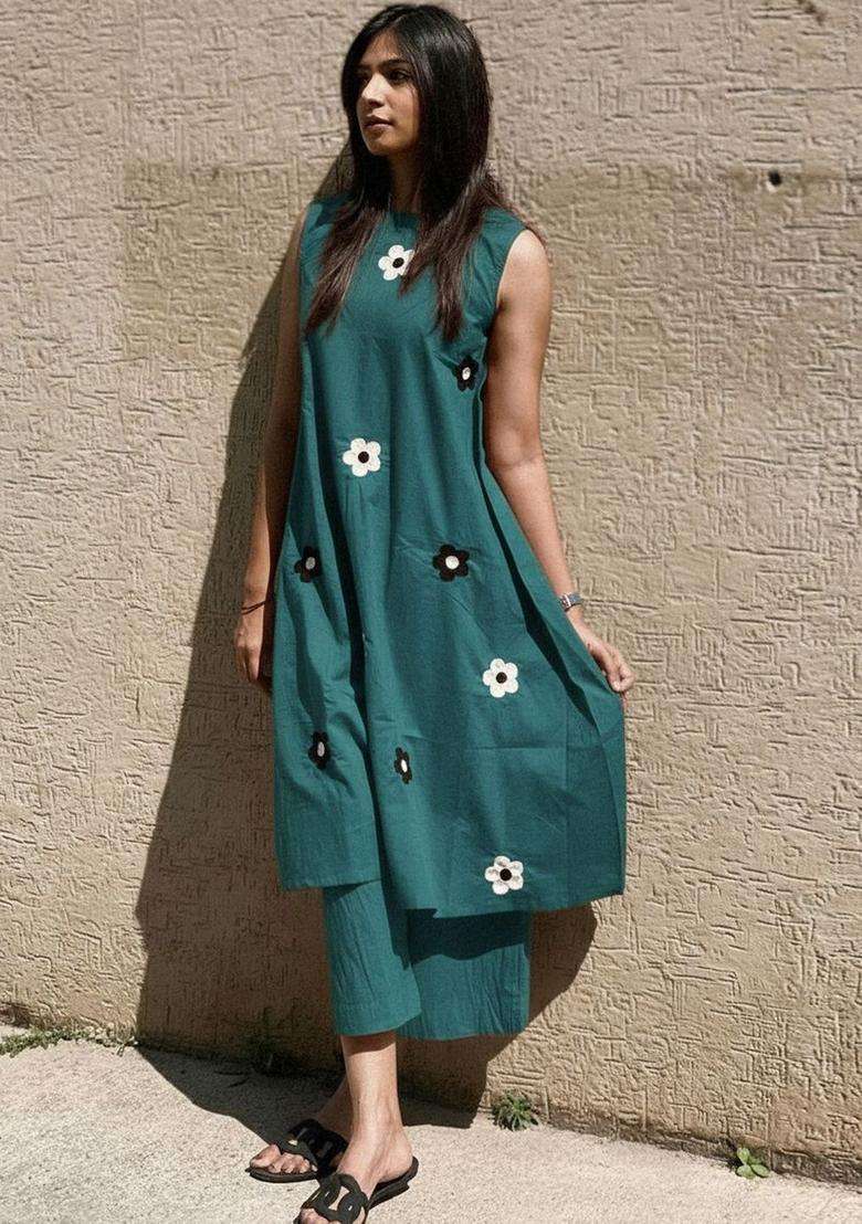 Teal Printed Viscose Kurta Set - Indya