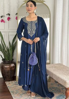 Navy Blue Embroidered Viscose Kurta Set