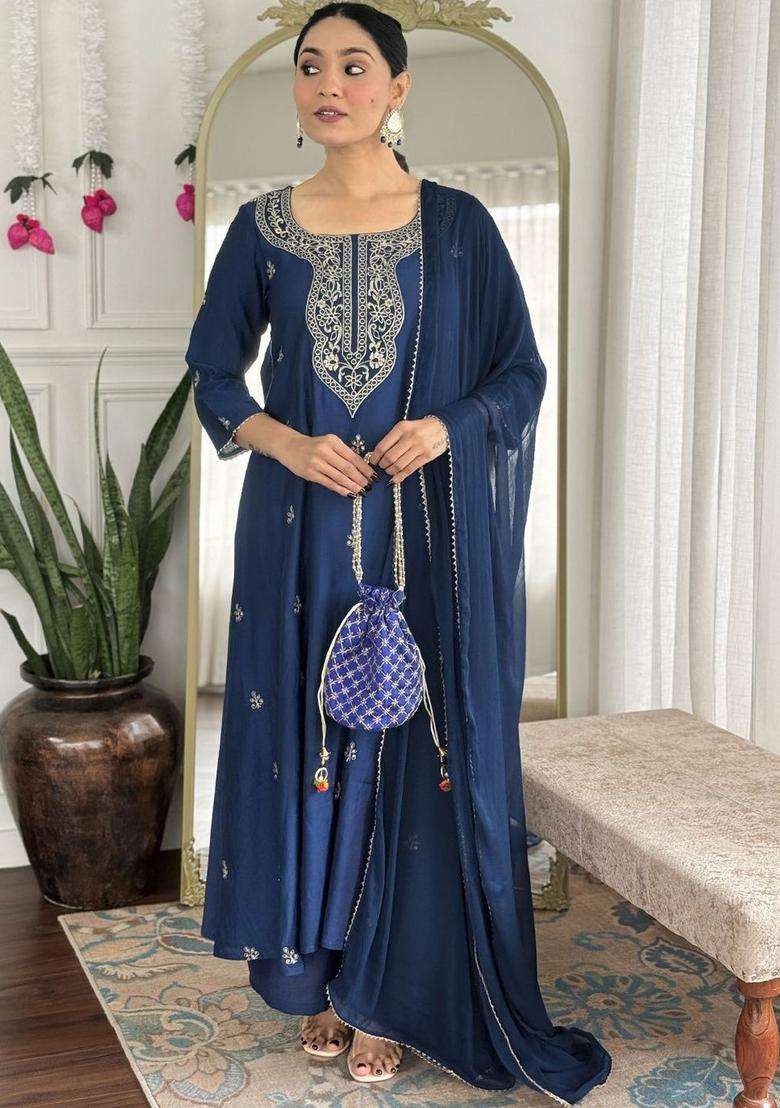 Navy Blue Embroidered Viscose Kurta Set - Indya