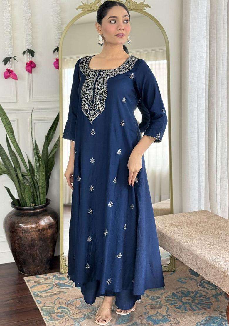 Navy Blue Embroidered Viscose Kurta Set - Indya
