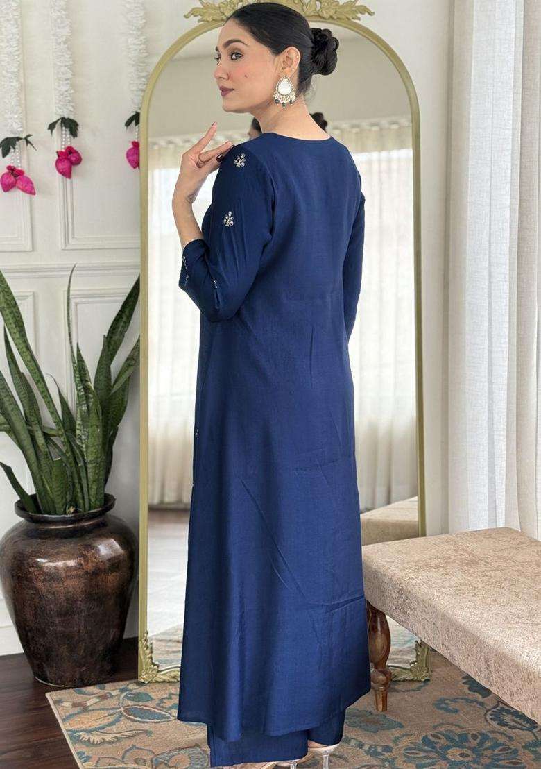 Navy Blue Embroidered Viscose Kurta Set - Indya