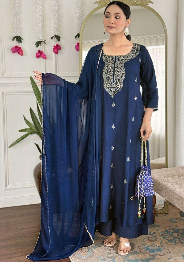 Navy Blue Embroidered Viscose Kurta Set - Indya