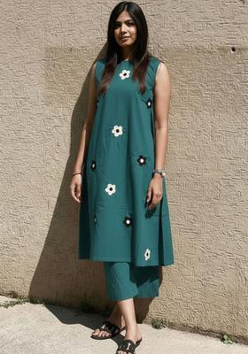 Teal Printed Viscose Kurta Set