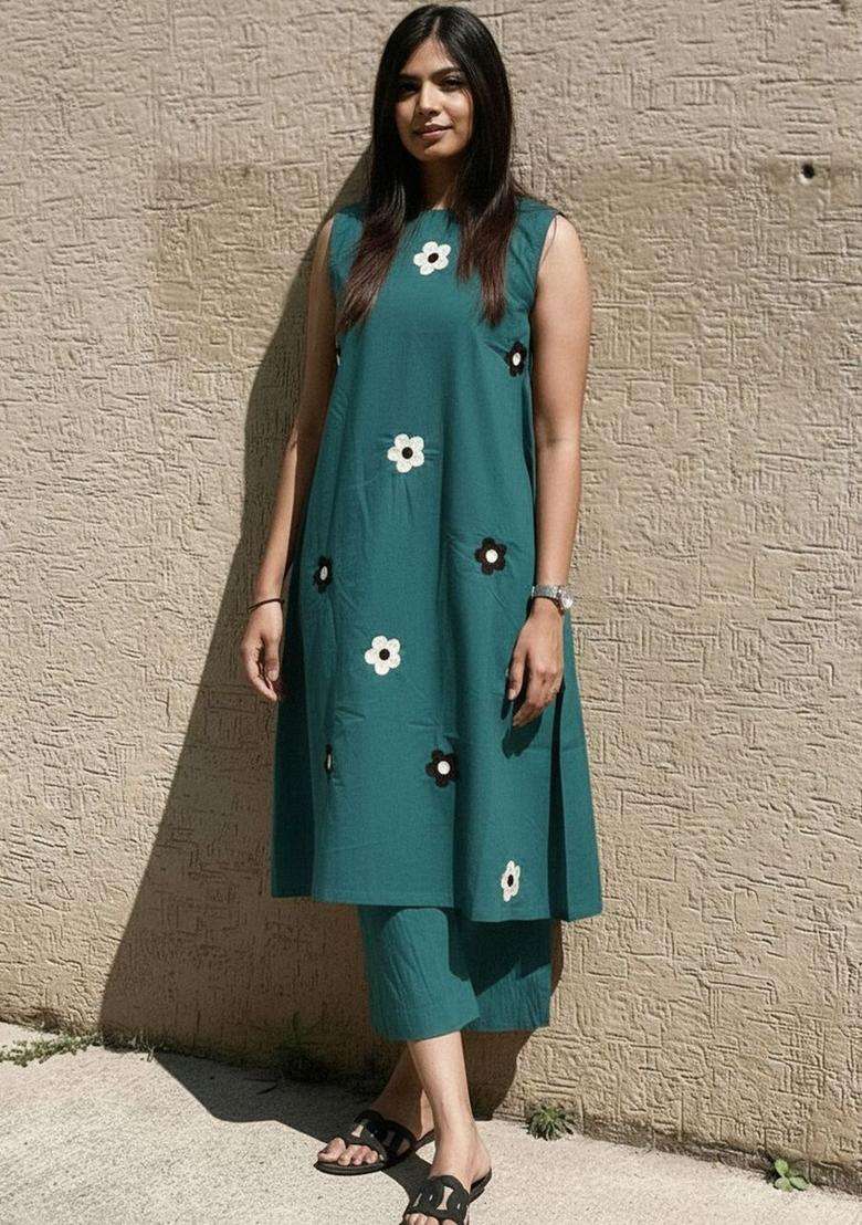 Teal Printed Viscose Kurta Set - Indya