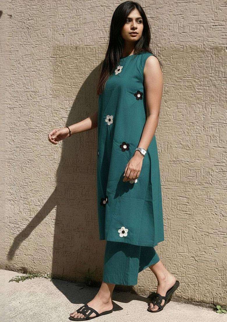 Teal Printed Viscose Kurta Set - Indya