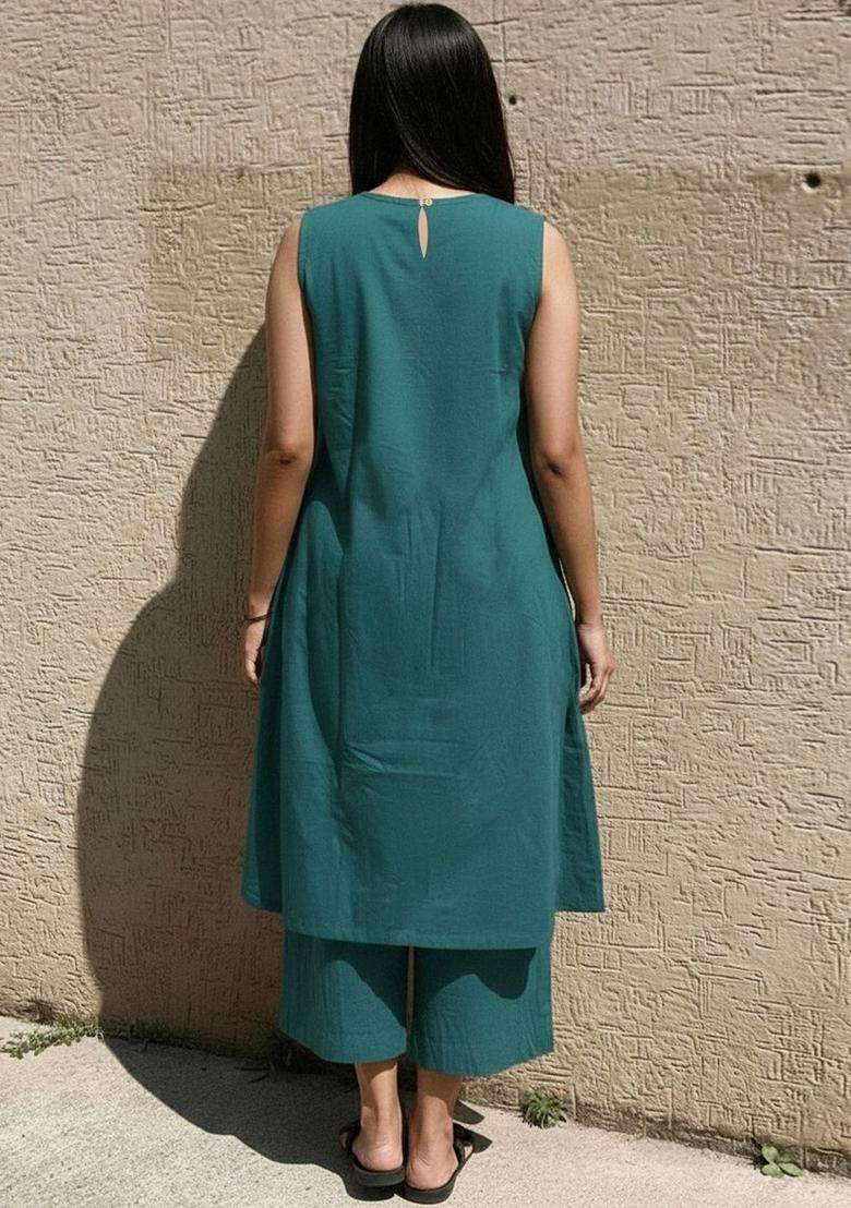 Teal Printed Viscose Kurta Set - Indya