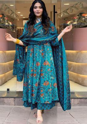 Blue Printed Viscose Anarkali Set