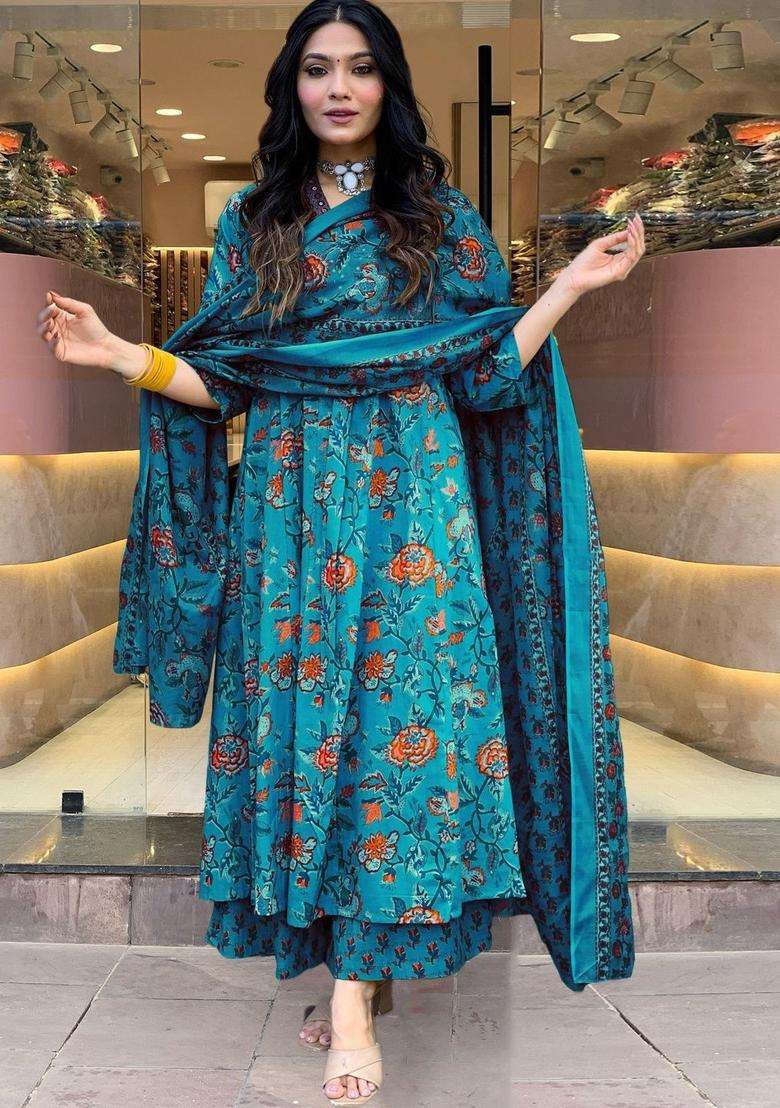Blue Printed Viscose Anarkali Set - Indya