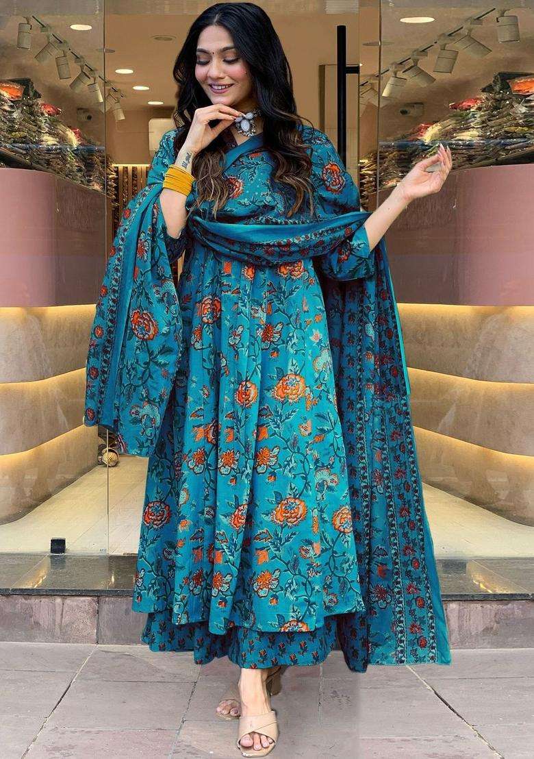 Blue Printed Viscose Anarkali Set - Indya