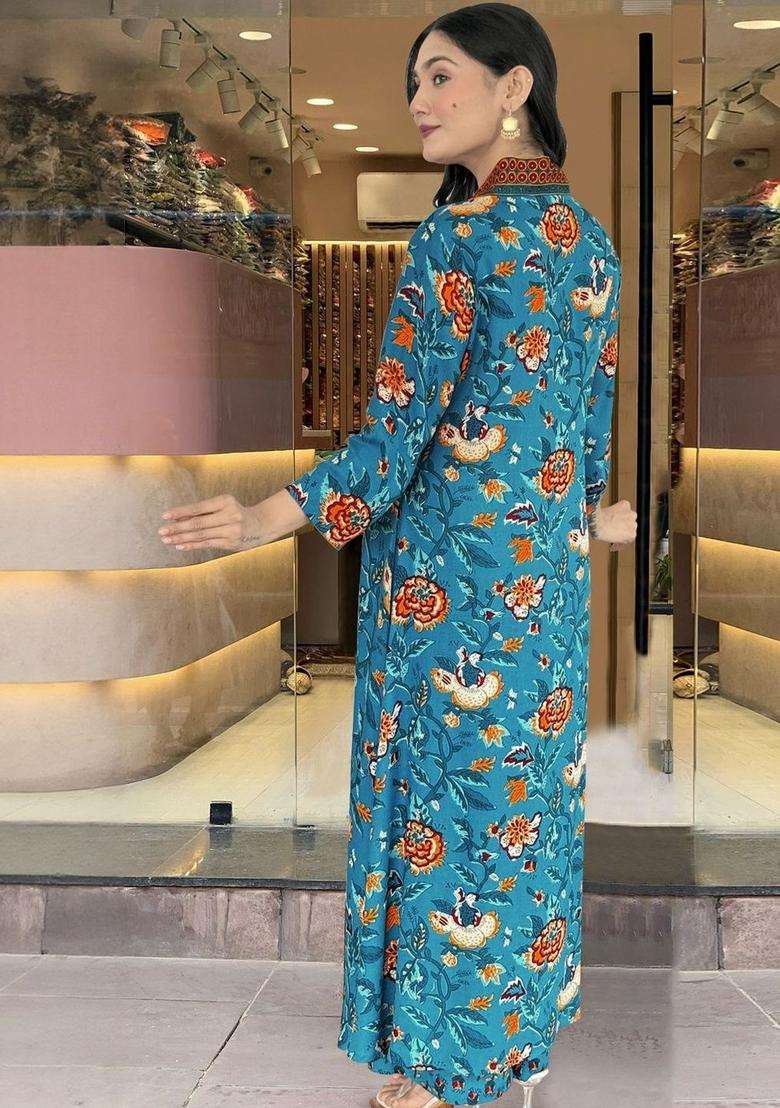 Blue Printed Viscose Anarkali Set - Indya