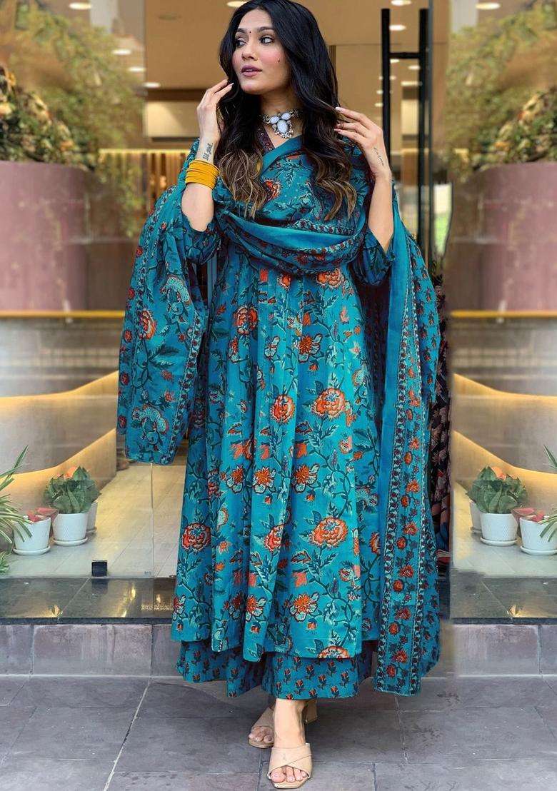 Blue Printed Viscose Anarkali Set - Indya