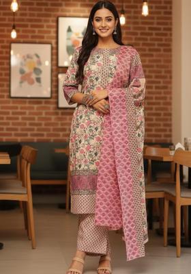 Off White Printed Cotton Kurta Set