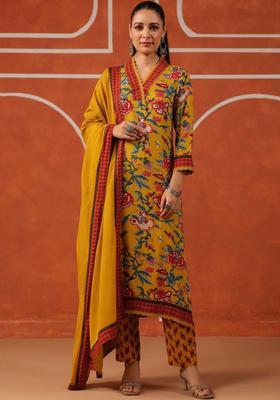 Yellow Printed Viscose Kurta Set