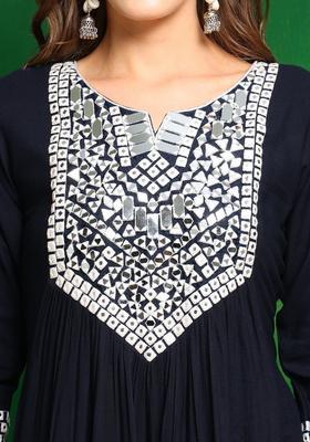 Navy Blue Embroidered Viscose Kurta Set