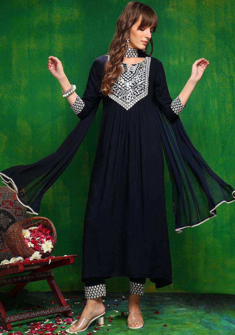 Navy Blue Embroidered Viscose Kurta Set - Indya