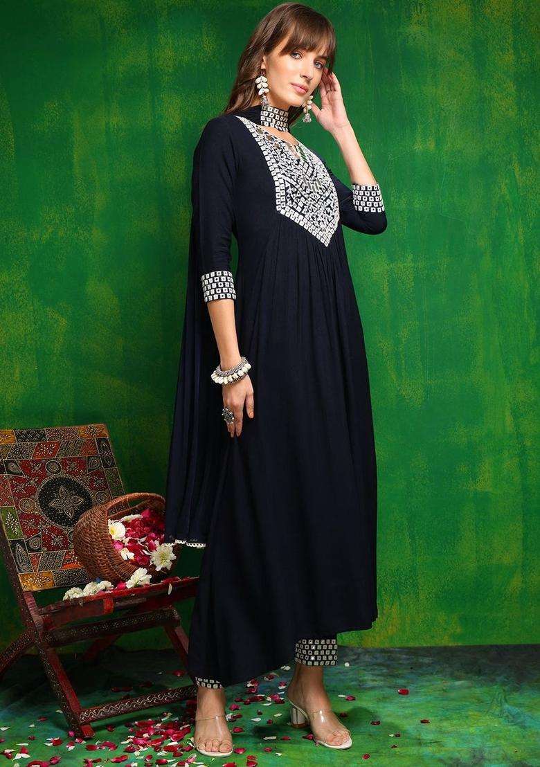 Navy Blue Embroidered Viscose Kurta Set - Indya
