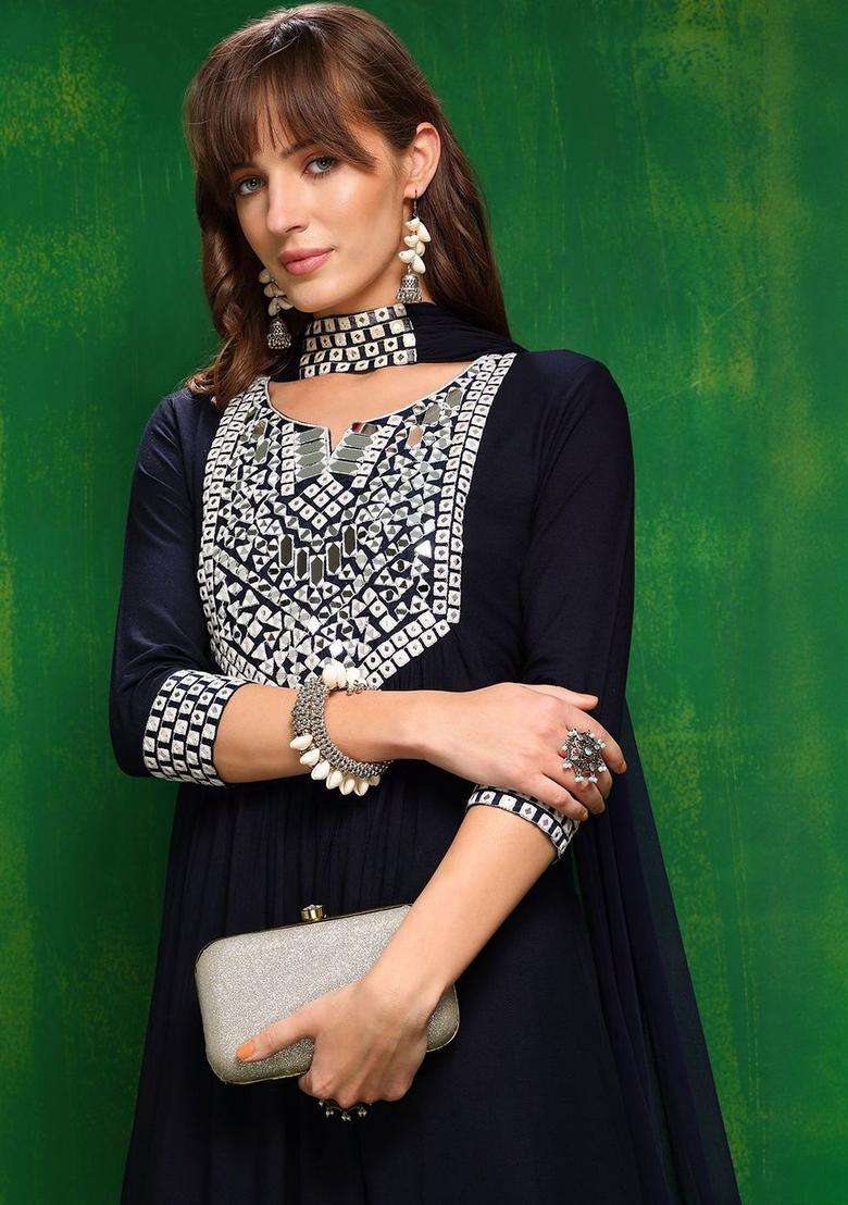 Navy Blue Embroidered Viscose Kurta Set - Indya