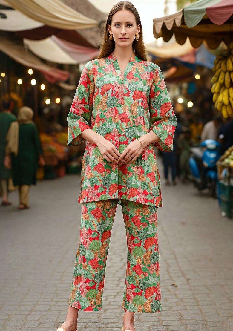 Multicolor Printed Cotton Kurta Set - Indya