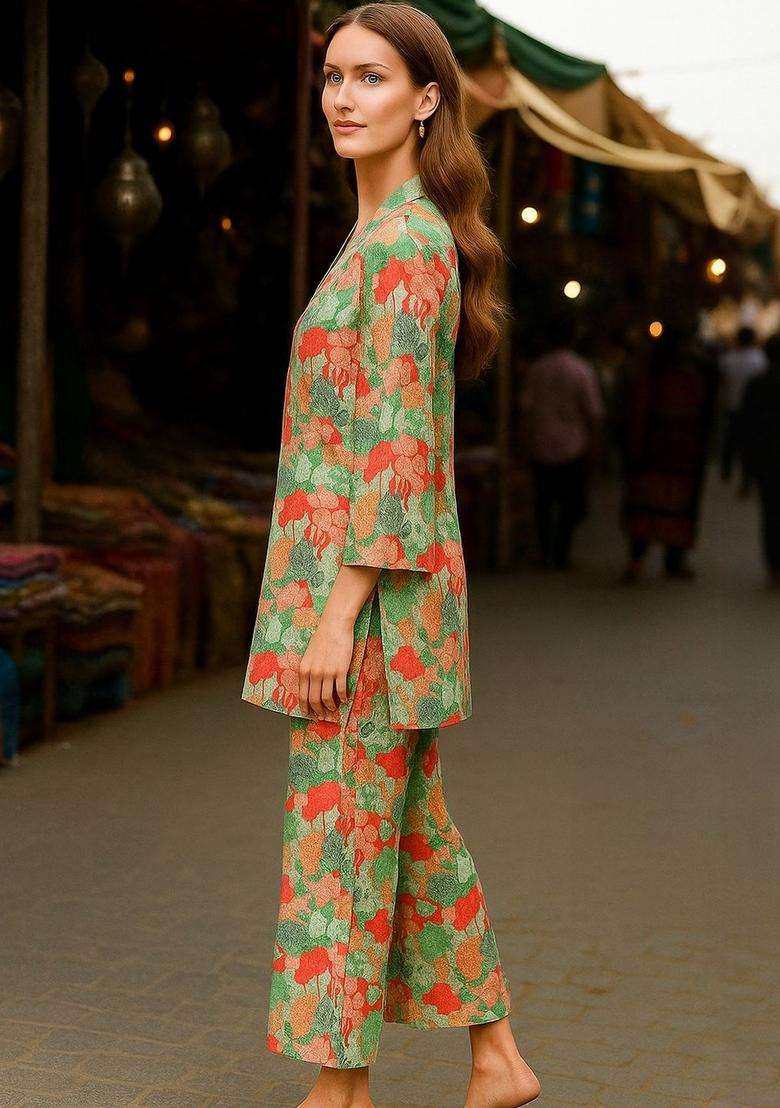 Multicolor Printed Cotton Kurta Set - Indya