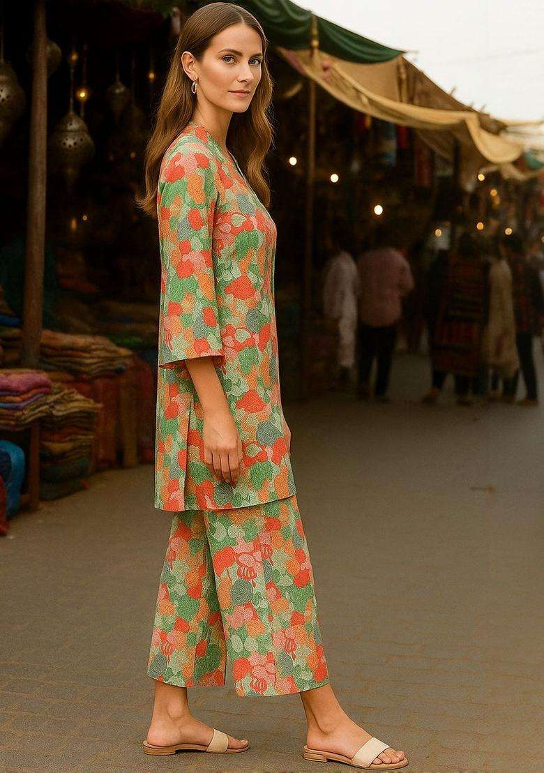 Multicolor Printed Cotton Kurta Set - Indya