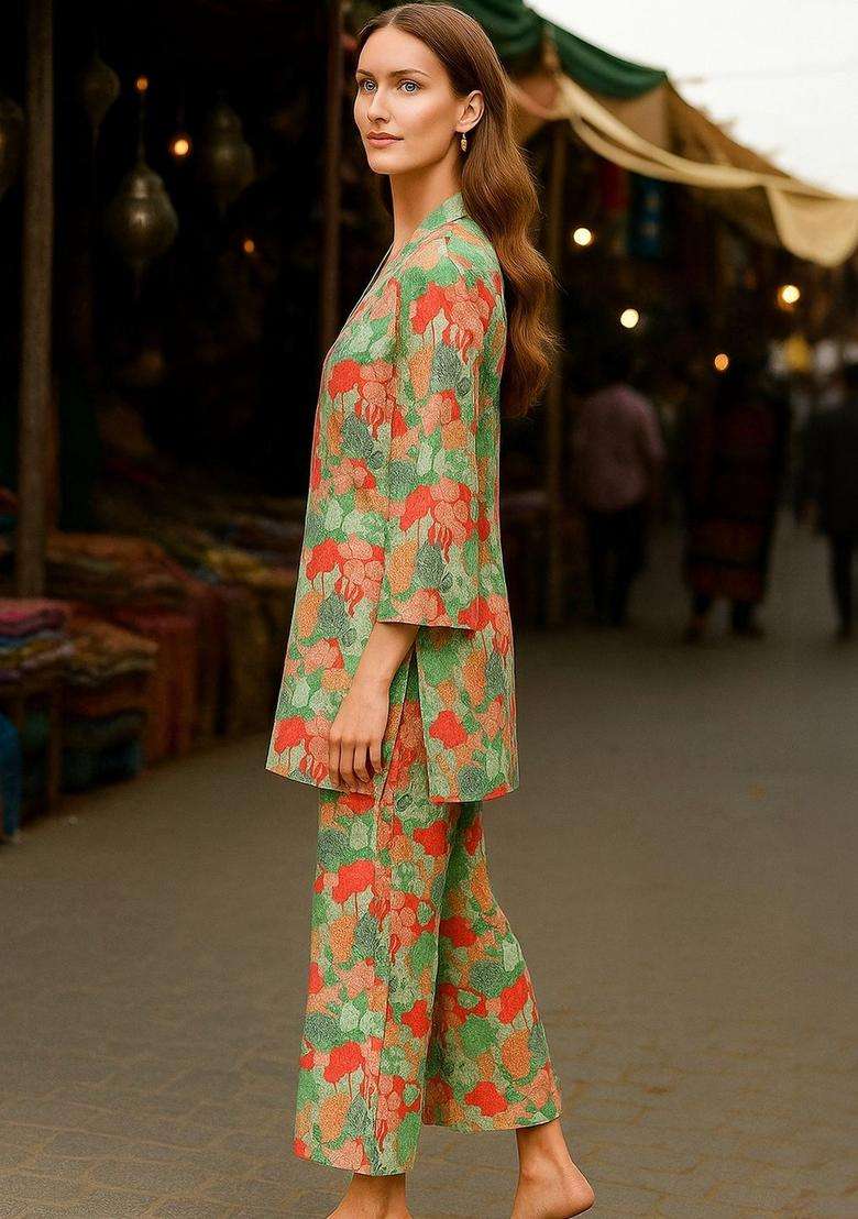 Multicolor Printed Cotton Kurta Set - Indya