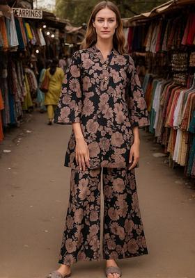 Black Printed Cotton Kurta Set