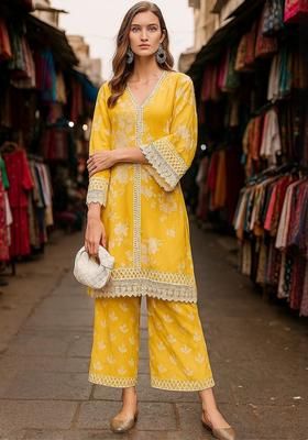 Yellow Printed Cotton Kurta Set