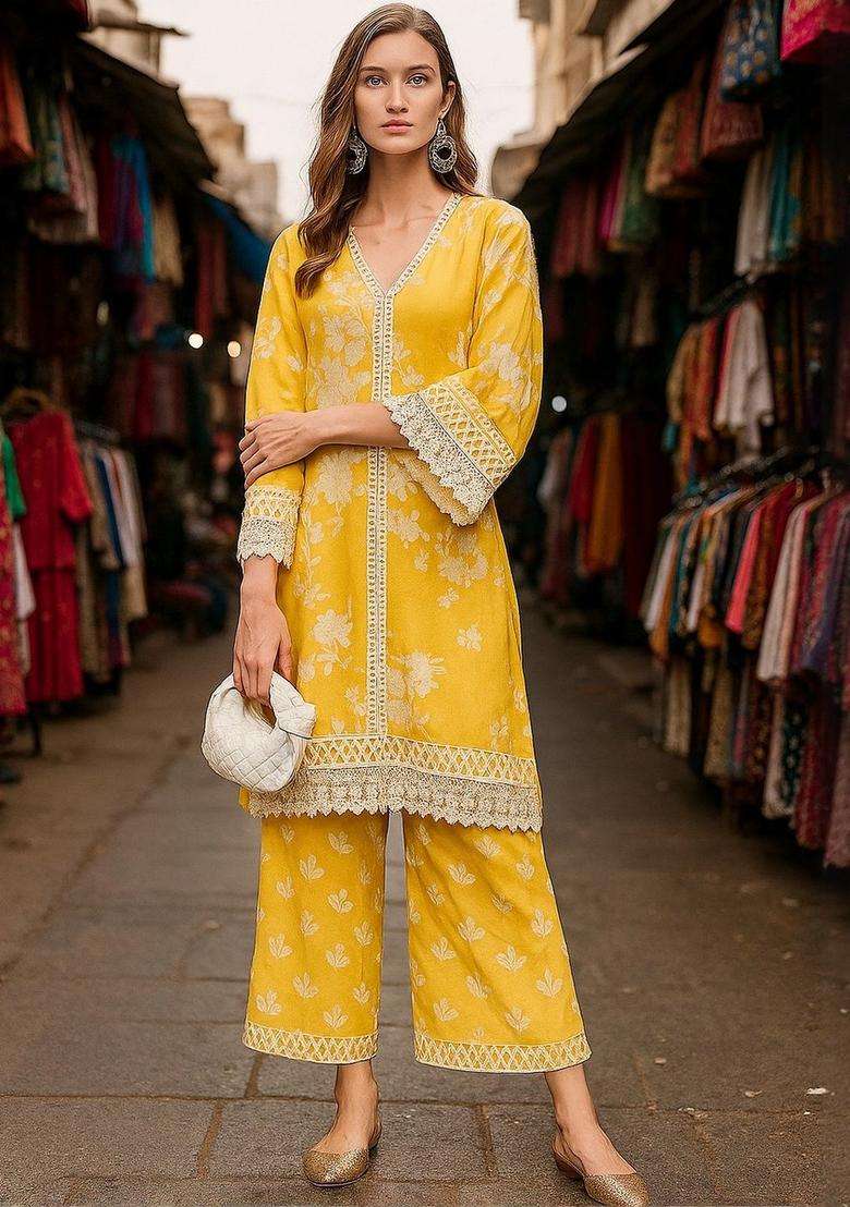 Yellow Printed Cotton Kurta Set - Indya