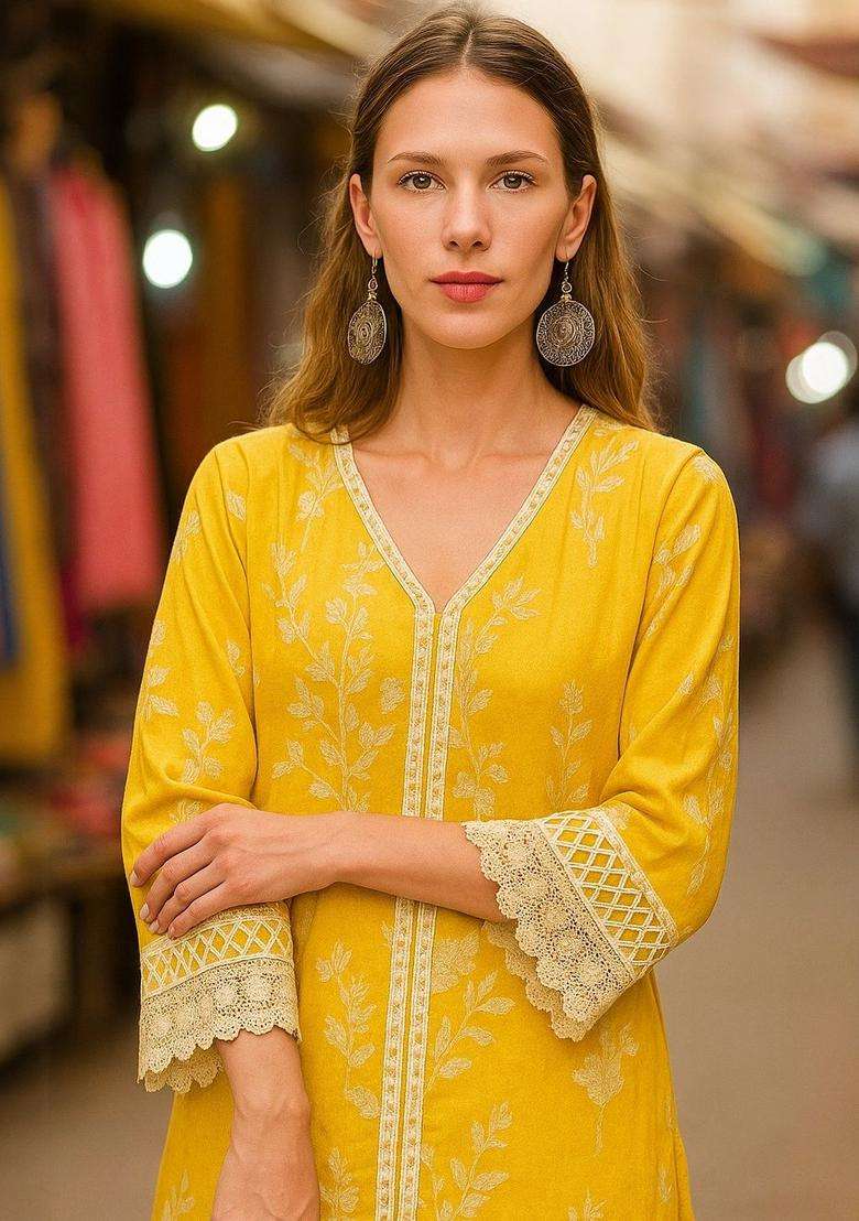 Yellow Printed Cotton Kurta Set - Indya
