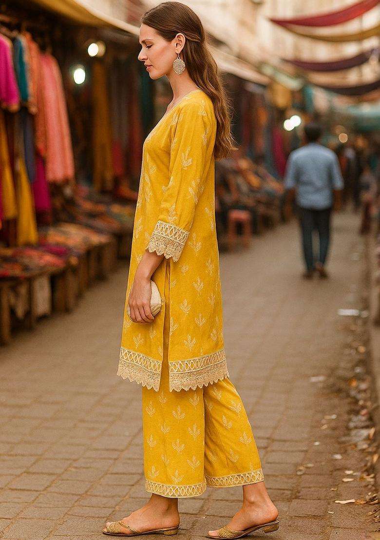 Yellow Printed Cotton Kurta Set - Indya