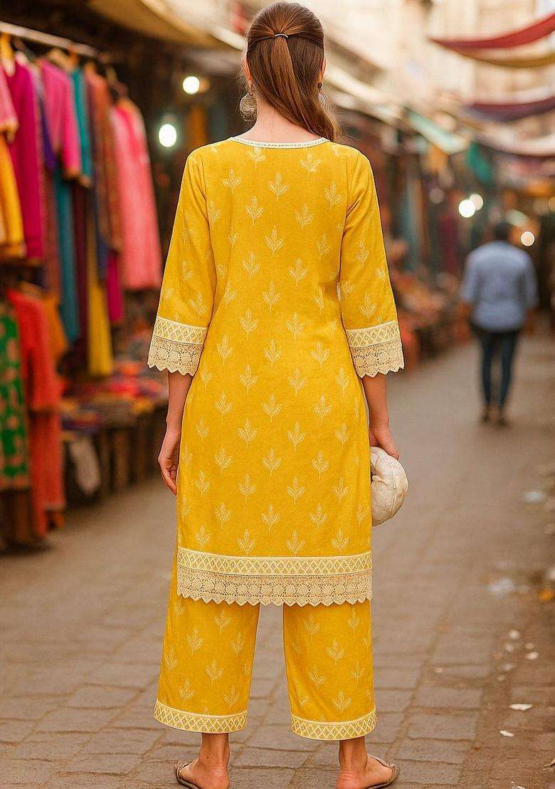 Yellow Printed Cotton Kurta Set - Indya
